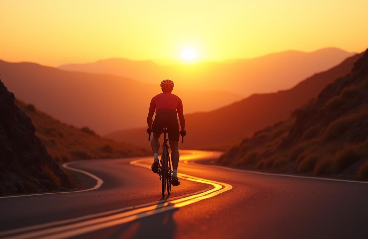 Ciclista che pedala su una strada di collina all'alba